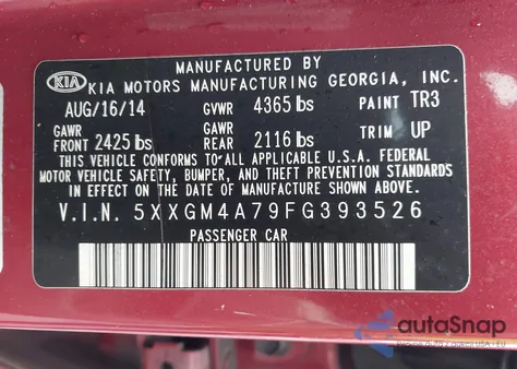 2015 Kia Optima Lx from USA, damaged, VIN 5XXGM4A79FG393526
